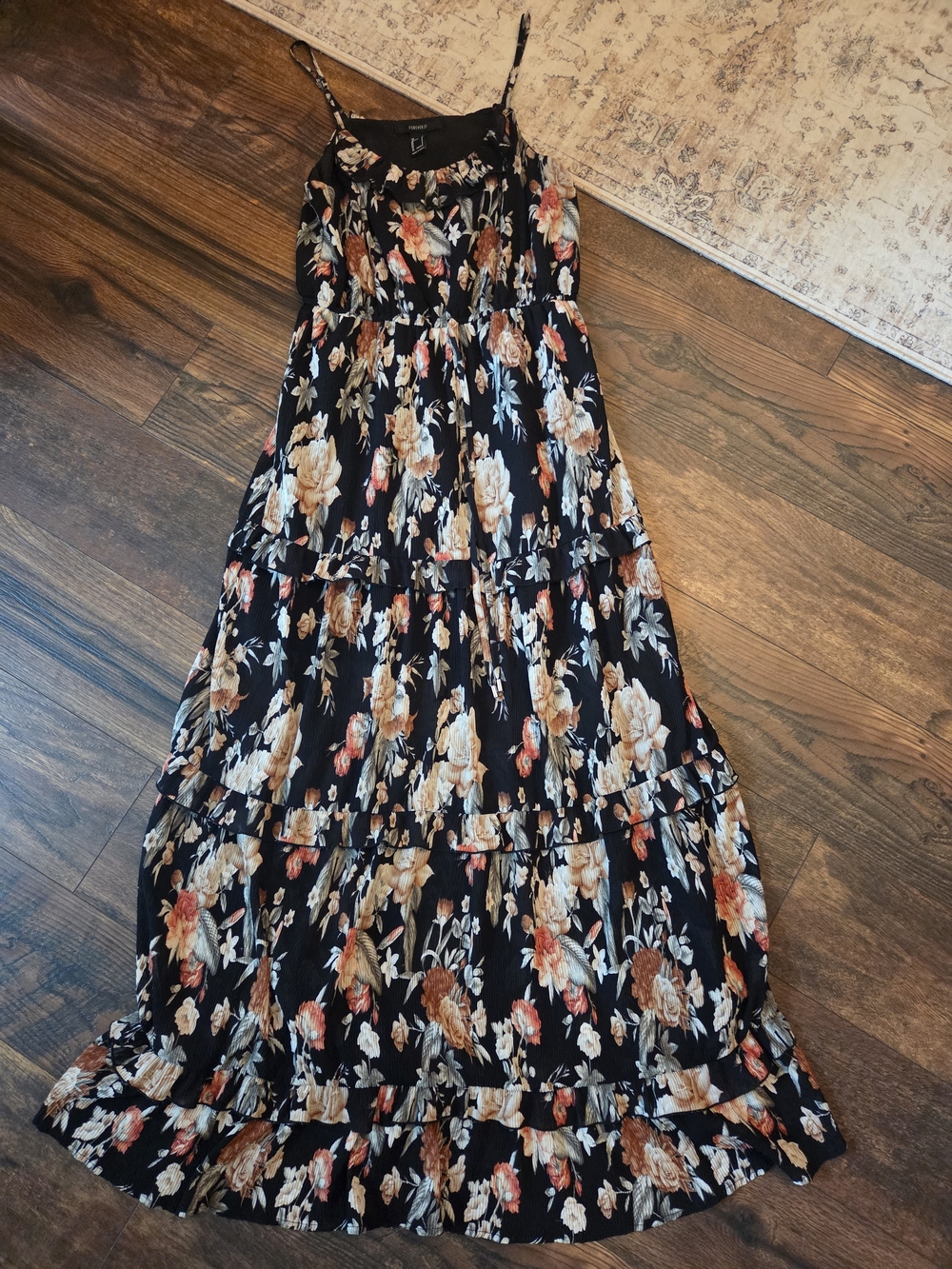 Forever 21 Black Floral Tiered Maxi Dress with Cream & Rust Blooms